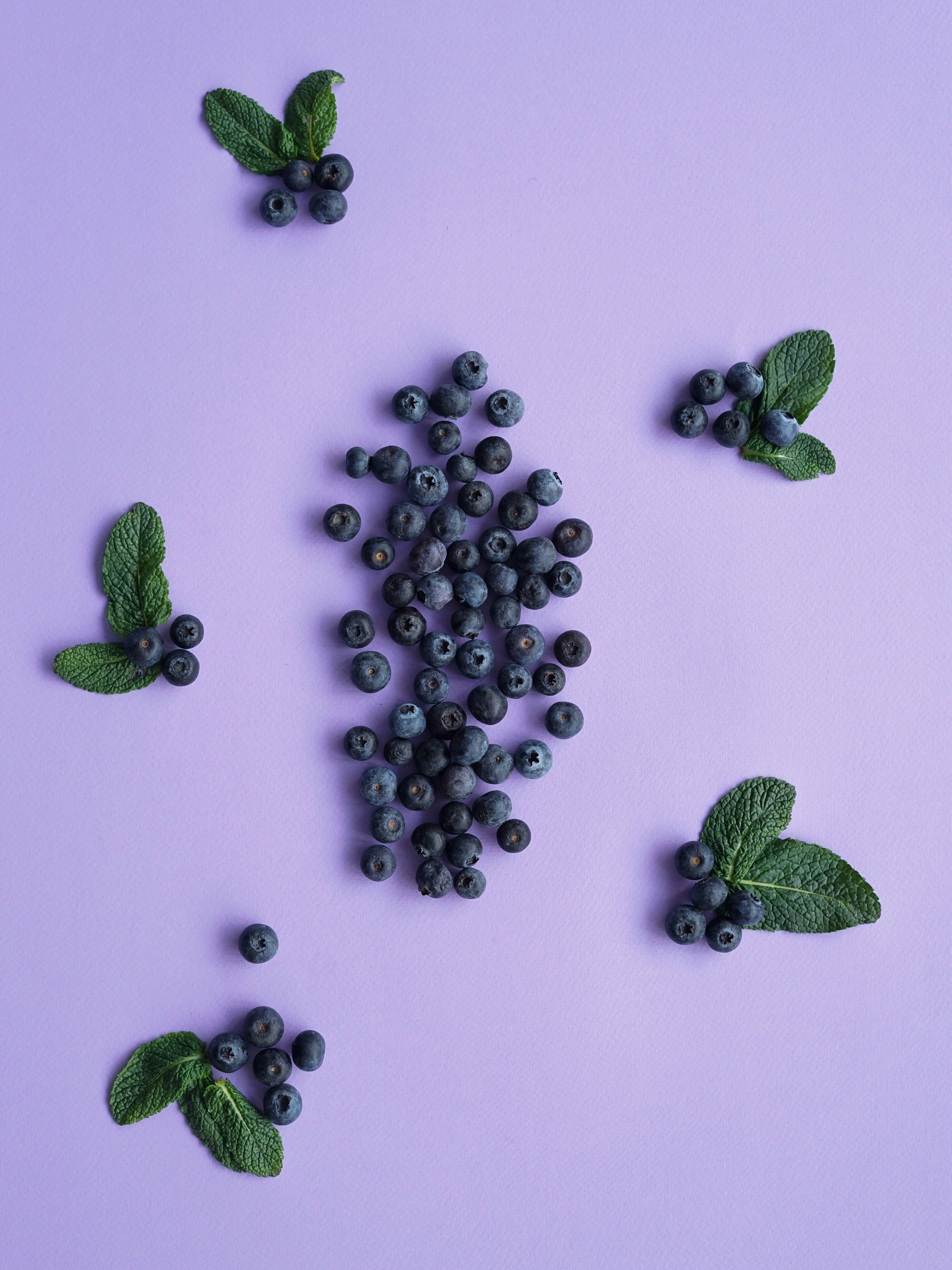 Scattered blueberries surrounded by small clusters of blueberries with fresh green mint leaves on a lavender background.